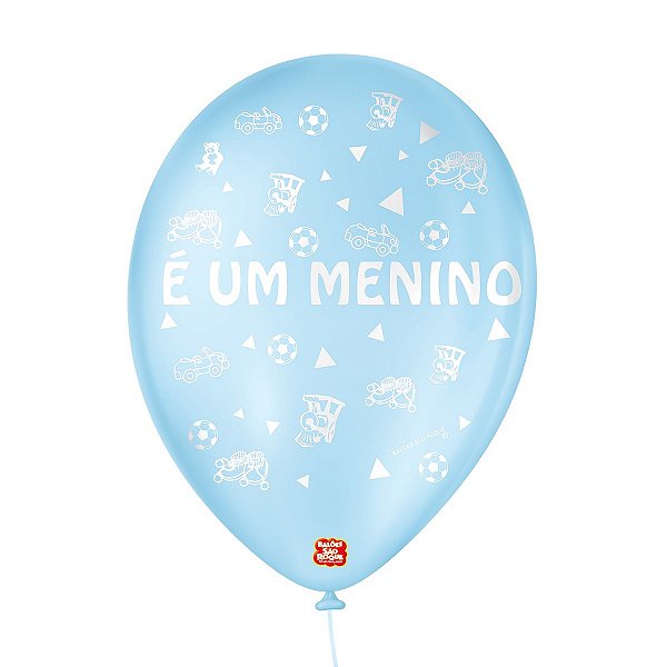 Balão de Festa Decorado É um Menino - Azul Baby e Branco 9" 23cm - 25 Unidades - Balões São Roque - Rizzo Balões