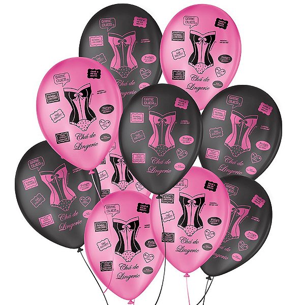 Balão de Festa Decorado Chá de Lingerie - Preto e Rosa 9" 23cm - 25 Unidades - Balões São Roque - Rizzo Balões