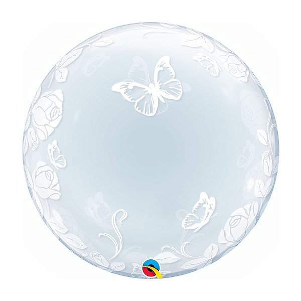 Balão de Festa Bubble Duplo 24" 60cm - Rosas e Borboletas - 01 Unidade - Qualatex - Rizzo Balões