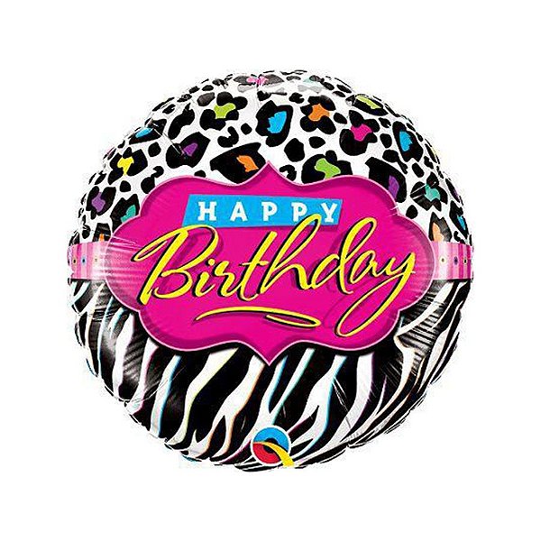 Balão de Festa Microfoil 18" - Birthday Leopardo e Zebra - 01 Unidade - Qualatex - Rizzo Balões
