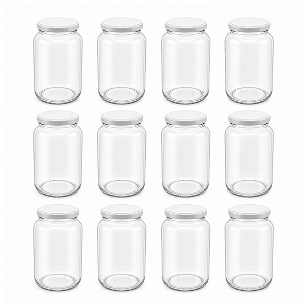 15 Potes de Vidro 600ml com Tampa Branca – Ideal para Embalar Mel, Geleias e Conservas