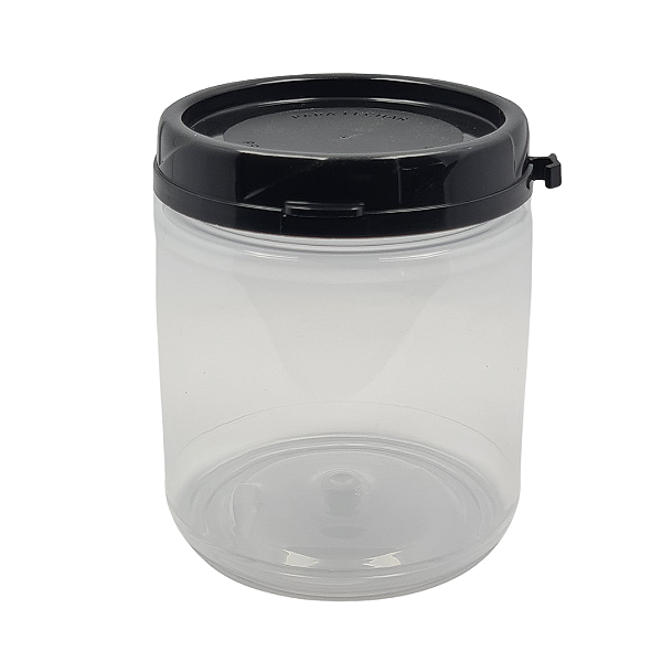 Pote 370ml / 500g Plástico Transparente Com Tampa Lacre Preta