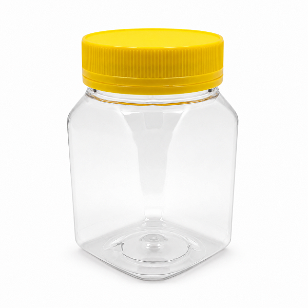 Pote 350ml / 500g Quadrado Transparente com Tampa Rosca Amarela – Ideal para Embalagem de Mel