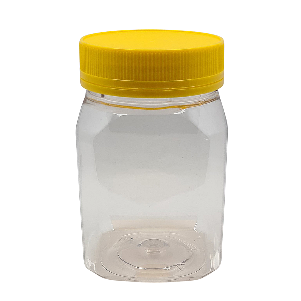 Pote 350ml / 500g Quadrado Transparente com Tampa Rosca Amarela – Ideal para Embalagem de Mel