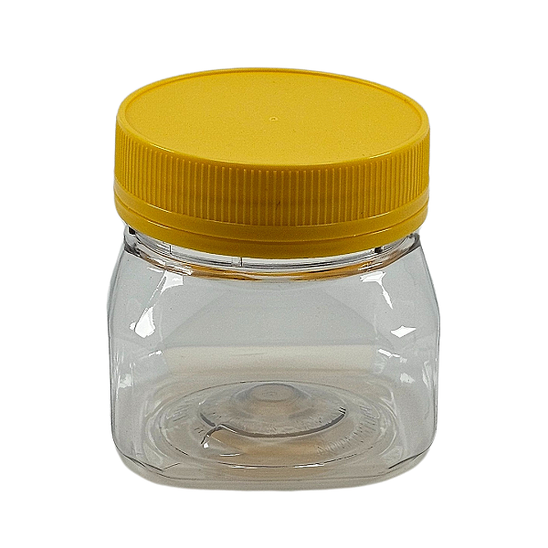 Pote 180ml / 250g Quadrado Transparente com Tampa Rosca Amarela – Ideal para Embalagem de Mel