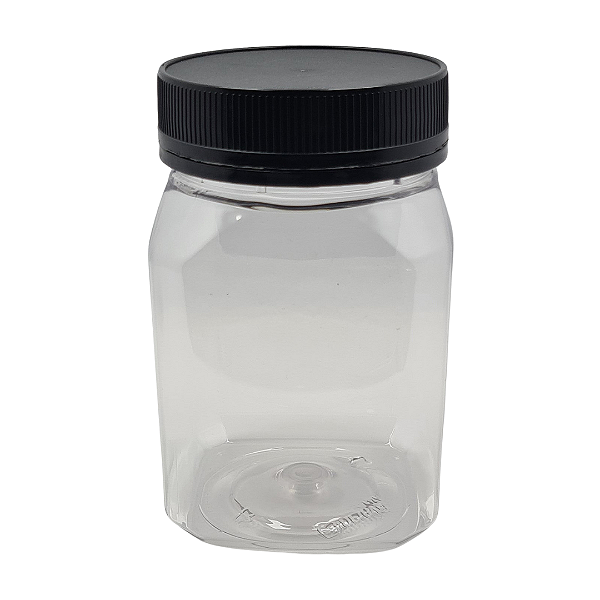Pote 350ml / 500g Quadrado Transparente com Tampa Rosca Preta – Ideal para Embalagem de Mel