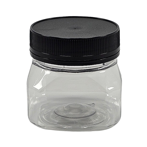 Pote 180ml / 250g Quadrado Transparente com Tampa Rosca Preta – Ideal para Embalagem de Mel