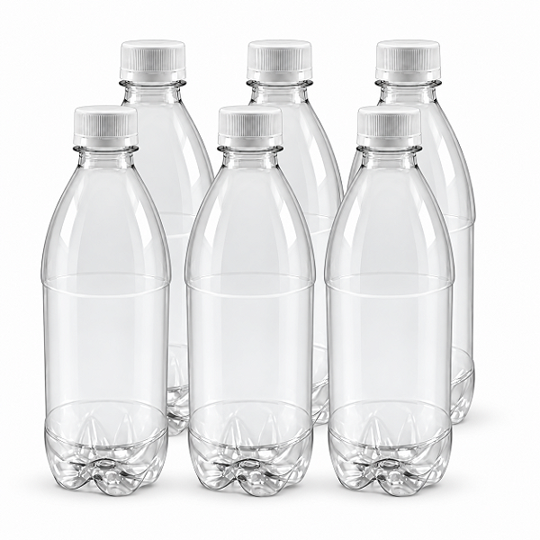 55 Garrafas 500 / 575 ml PET Cristal com Tampa Rosca e Lacre – Tampa Branca
