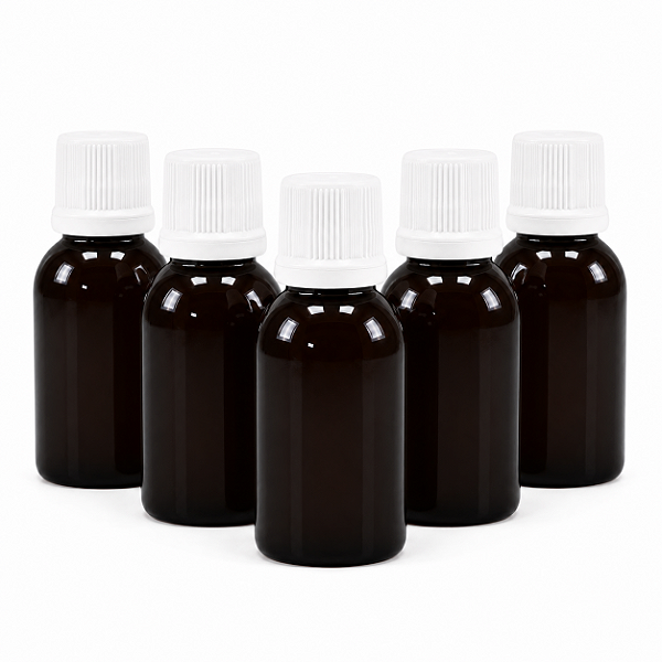 20 Frascos Plásticos Âmbar com Gotejador e Tampa com Lacre – 30ml