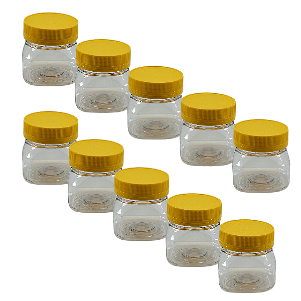 45 Potes 180ml / 250g Quadrado Transparente com Tampa Rosca Amarela – Ideal para Embalagem de Mel