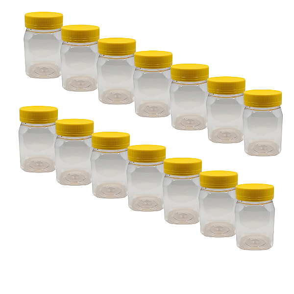 45 Potes 350ml / 500g Quadrado Transparente com Tampa Rosca Amarela – Ideal para Embalagem de Mel