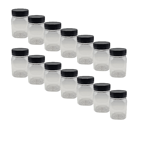 45 Potes 350ml / 500g Quadrado Transparente com Tampa Rosca Preta – Ideal para Embalagem de Mel