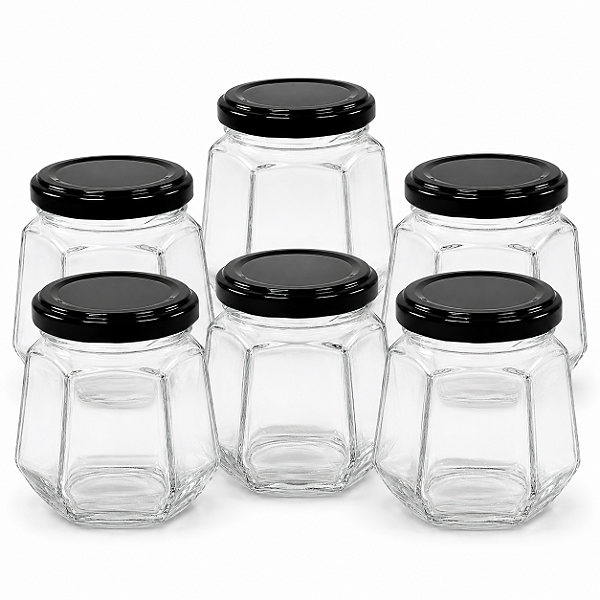 20 Potes de Vidro Sextavado 230ml com Tampa Preta – Ideal para Mel e Conservas