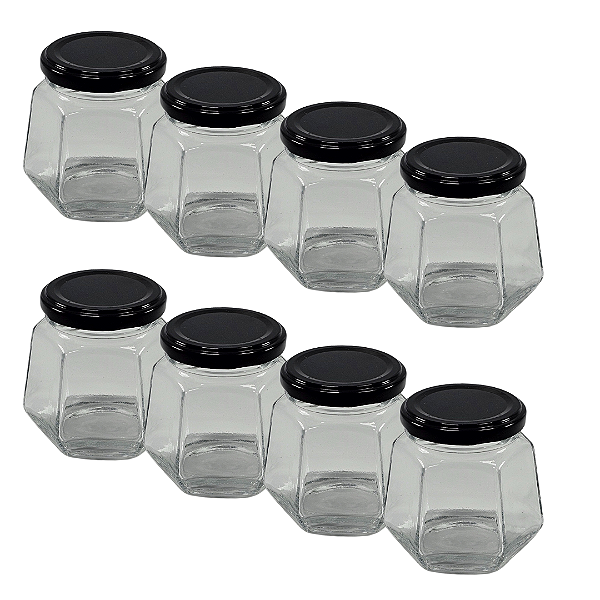 20 Potes de Vidro Sextavado 230ml com Tampa Preta – Ideal para Mel e Conservas