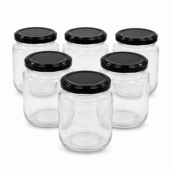 24 Potes de Vidro Belém 240ml com Tampa Preta – Ideal para Mel, Geleias e Doces