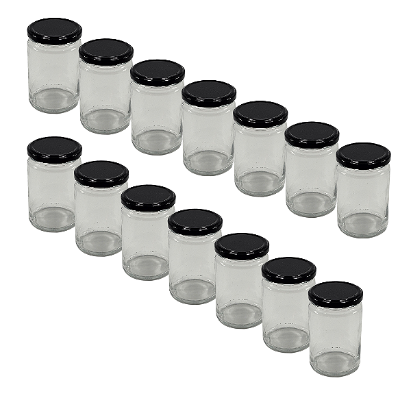 24 Potes de Vidro Andino 360ml com Tampa Preta – Ideal para Mel, Geleias e Doces