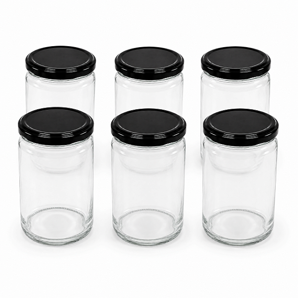 24 Potes de Vidro Andino 360ml com Tampa Preta – Ideal para Mel, Geleias e Doces