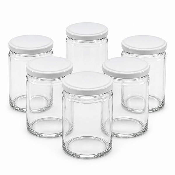 24 Potes de Vidro Andino 360ml com Tampa Branca – Ideal para Mel, Geleias e Doces
