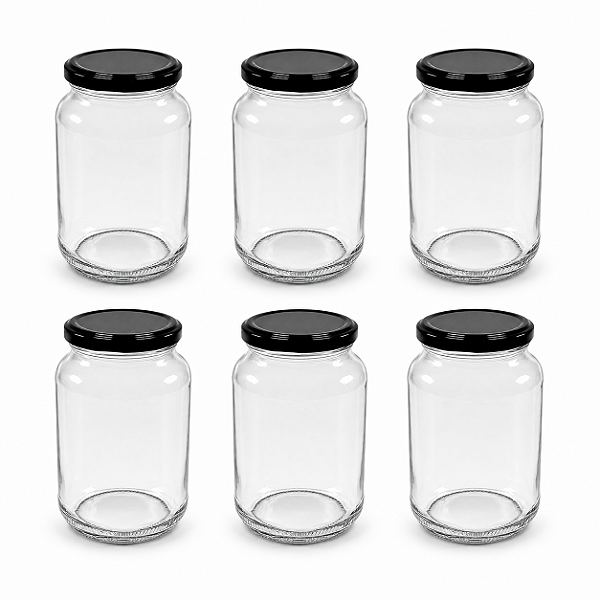 15 Potes de Vidro 600ml com Tampa Preta – Ideal para Embalar Mel, Geleias e Conservas