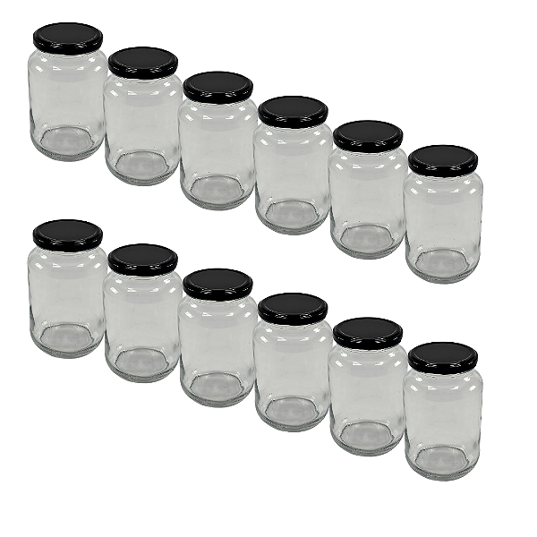 15 Potes de Vidro 600ml com Tampa Preta – Ideal para Embalar Mel, Geleias e Conservas
