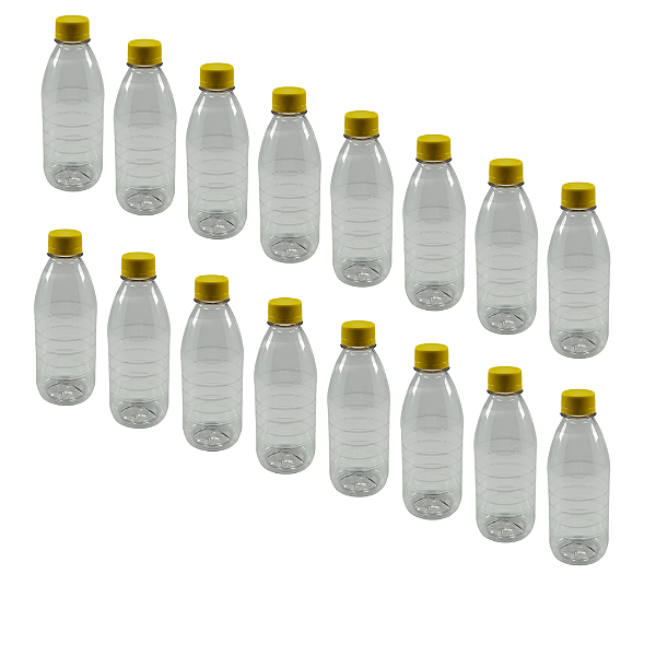 80 Garrafas 300ml PET Cristal com Tampa Amarela Rosca e Lacre – Ideal para Mel, Sucos e Caldas