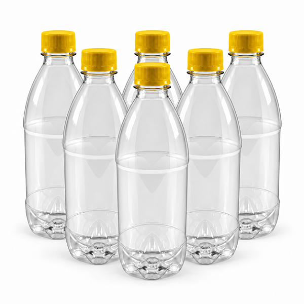 55 Garrafas 500 / 575 ml PET Cristal com Tampa Rosca e Lacre – Tampa Amarela