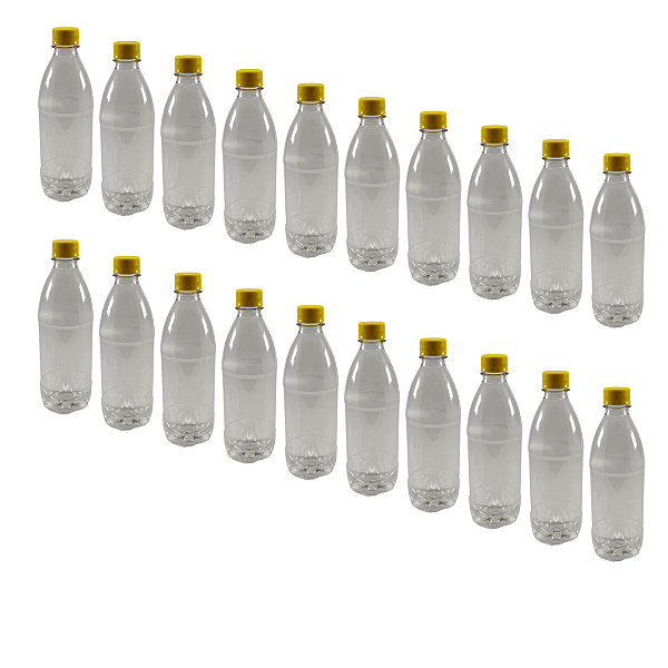 55 Garrafas 500 / 575 ml PET Cristal com Tampa Rosca e Lacre – Tampa Amarela