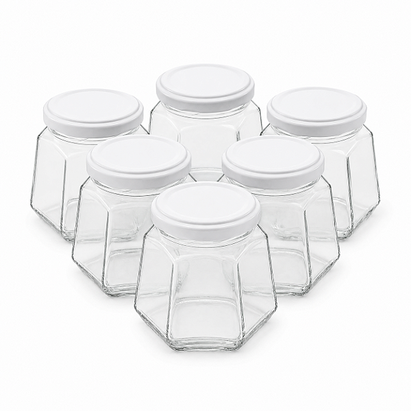 20 Potes de Vidro Sextavado 230ml com Tampa Branca – Ideal para Mel e Conservas