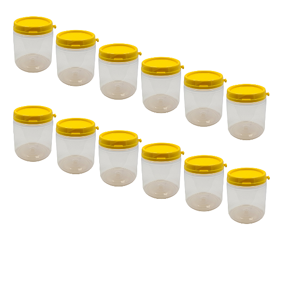 24 Potes 370ml / 500g Plástico Transparente com Tampa Lacre Amarela – Para Mel