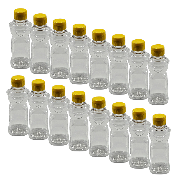 20 Bisnagas PET 180 ml / 250 g Temática Urso para Embalar Mel – Tampa Amarela
