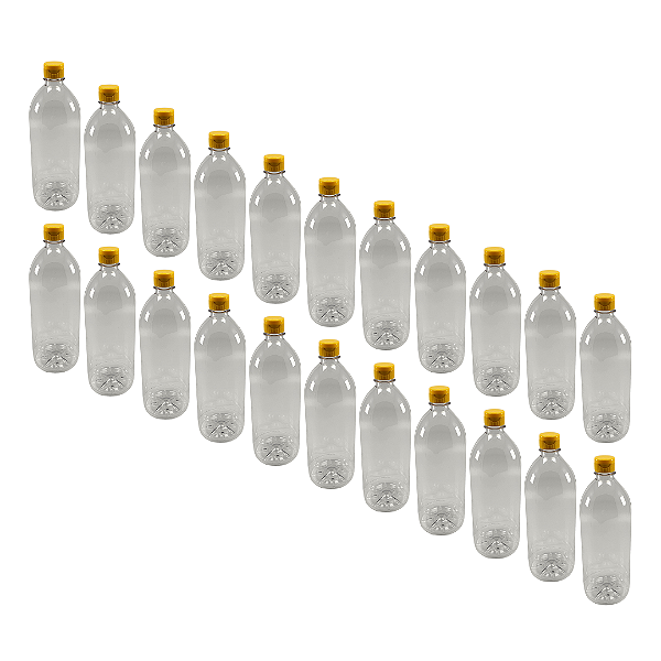 Kit com 30 Garrafas PET Cristal 1 Litro – Tampa Fliptop Amarela com Selo de Indução
