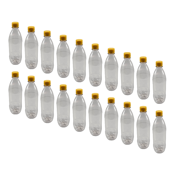Kit com 55 Garrafas 500 ml PET Cristal –Tampa Fliptop Amarela com Selo de Indução