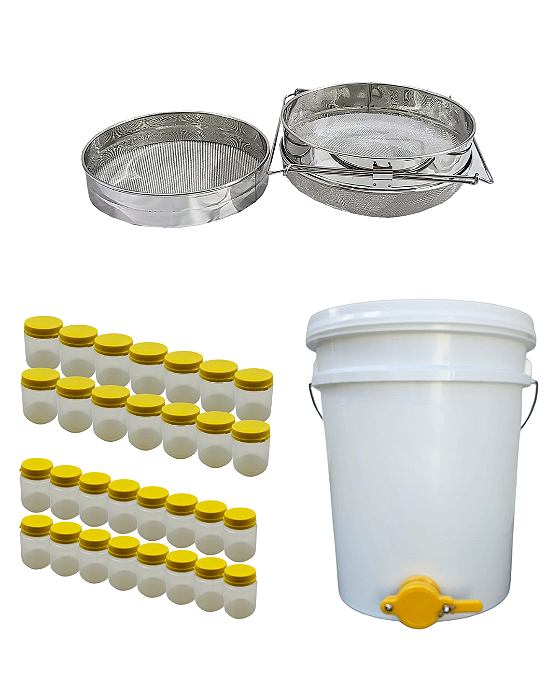 Kit Envase de Mel Completo (Balde 20L + Peneiras Inox + 40 Potes)