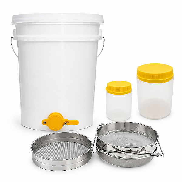 Kit Envase de Mel Completo (Balde 20L + Peneiras Inox + 40 Potes)