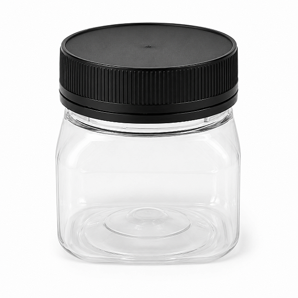 Pote 180ml 250g Quadrado Transparente Com Tampa Rosca e Lacre Preta Para Mel - Kit 10, 50, 180 e 360 Un