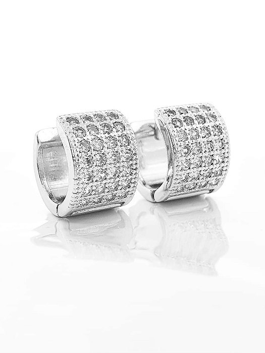 Brinco Masculino Par Argola Quadrada Cravejada Com 28 Pedras (12,3X8,7mm) Banhada A Ouro Branco BRI066