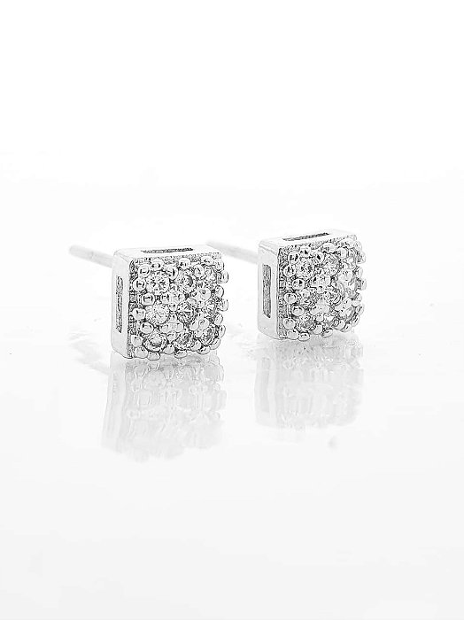 Brinco Masculino Par Quadrado Cravejado Com 9 Pedras (5,5X5,5mm) Banhado A Ouro Branco BRI020