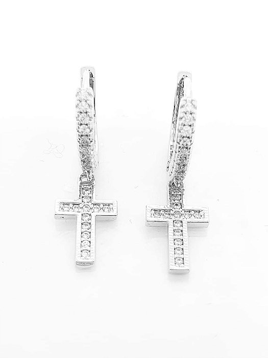 Brinco Masculino Par Argola Cravejada Com Cruz Pendurada Banhada A Ouro Branco BRI011