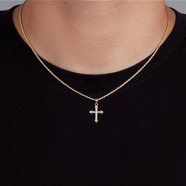 Corrente Cordão Baiano 50cm 1,6mm + Pingente Cruz Cravejada Palito (13,2X19,7mm) Banhado A Ouro 18k COR003-PIN003