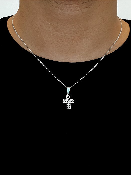 Corrente Grumet 50cm 1,4mm + Pingente Cruz Cravejada e Vazada (15X21mm) Banhado A Ouro Branco COR005-PIN016