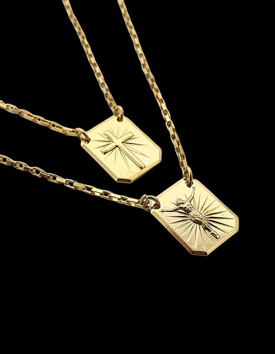 Escapúlario Corrente Elo Tijolinho Cruz 70cm Medalha Octagonal 12X15mm Banhado a Ouro 18k ESC003