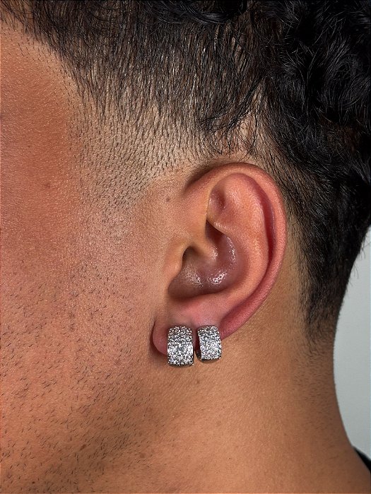 Kit Brinco Masculino Par Argola 16 Pedras + 29 Pedras Banhado A Ouro Branco BRI004-BRI003