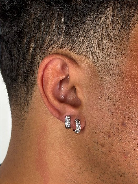 Kit Brinco Masculino Par Argola 12 pedras + 8 Pedras Banhado A Ouro Branco BRI001-BRI006