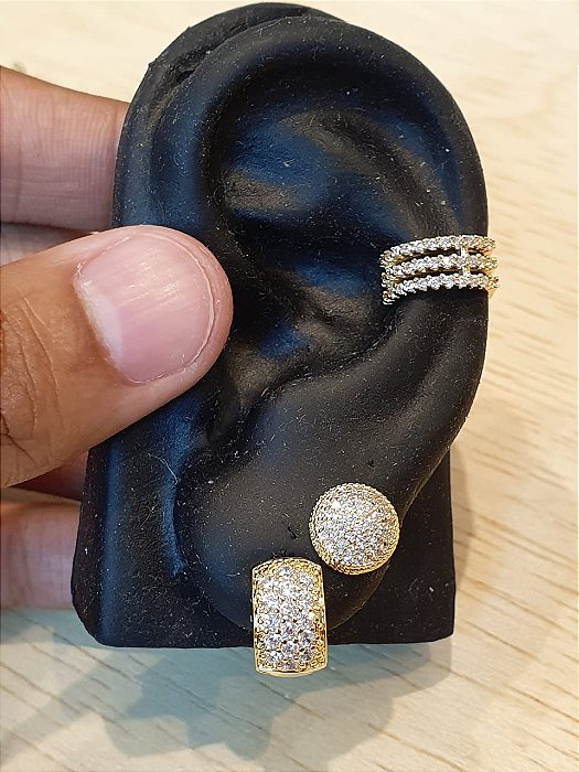 Kit Brinco Masculino Par Argola 16 Pedras + Redondo G + Piercing Banhado A Ouro 18k BRI026-BRI087-PIER004