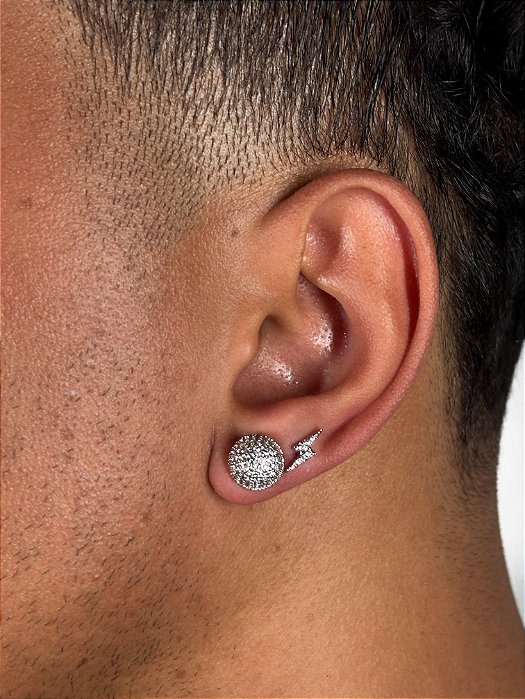 Kit Brinco Masculino Par Redondo G + Brinco Raio Banhado A Ouro Branco BRI008-BRI002