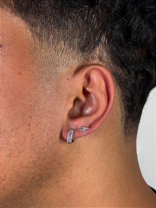 Kit Brinco Masculino Par Argola 12 Pedras + Brinco Raio Banhado A Ouro Branco BRI001-BRI002