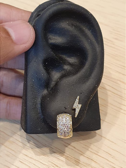 Kit Brinco Masculino Par Argola 16 Pedras + Brinco Raio Banhado A Ouro 18k BRI026-BRI014