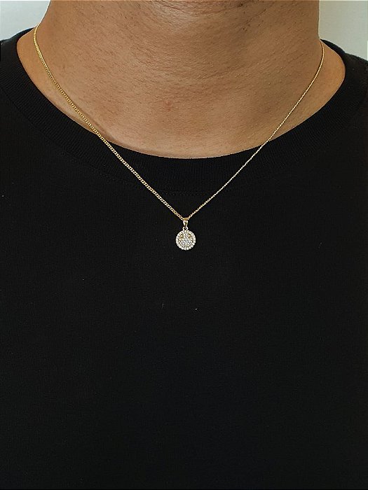 Corrente Grumet 50cm 1,4mm + Pingente Smile Redondo Cravejado (9,5mm) Banhado A Ouro 18k COR014-PIN005