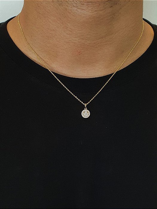 Corrente Elo Cadeado 50cm 1,2mm + Pingente Smile Redondo Cravejado (9,5mm) Banhado A Ouro 18k COR026-PIN005
