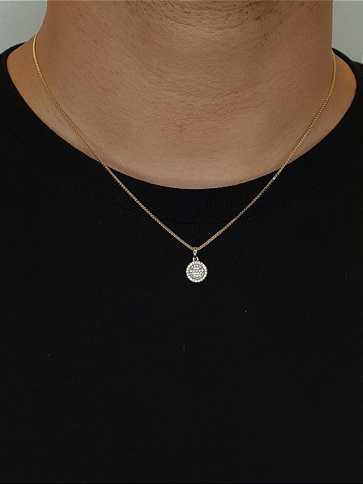 Corrente Veneziana 50cm 1mm + Pingente Smile Redondo Cravejado (9,5mm) Banhado A Ouro 18k COR009-PIN005